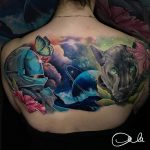 színes reál tetoválás pillangó űrhajós feketepárduc, colorful realistic tattoo butterfly astronaut black panther