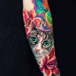 macska szitakötő színes tetoválás, cat dragonfly color tattoo